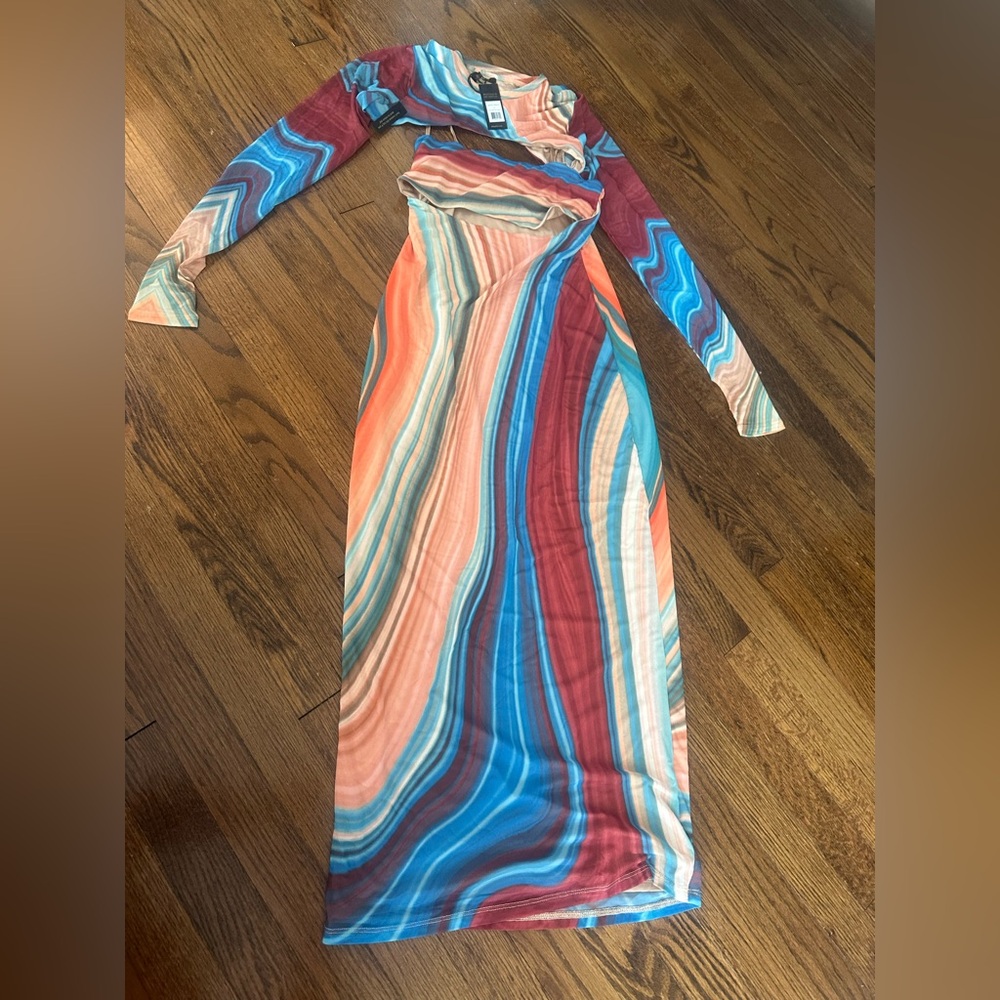 AFRM Revolve Matera Swirl-Striped Maxi Dress in Blue Abstract NWT Small - Picture 9 of 12